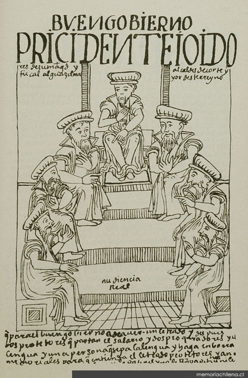Grabado de Felipe Huaman Poma de Ayala, representando a la Real Audiencia de Lima