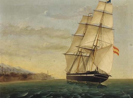 bergantin brillanteÓleo de J. Mordina c 1852 Bergantín Brillante Capitan D.J. Singola y Sera