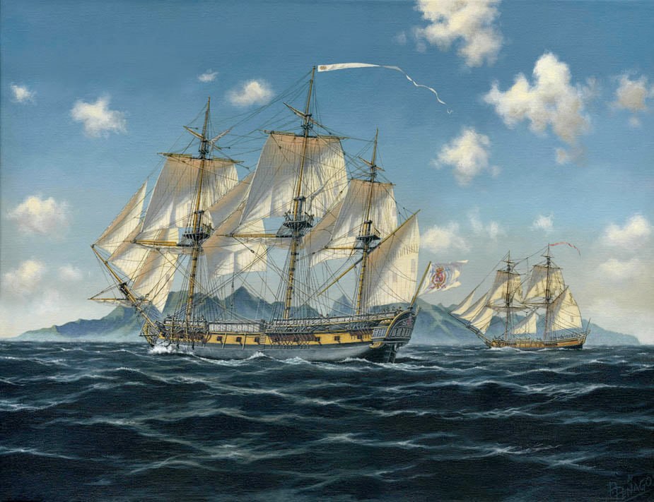 La imagen tiene un atributo ALT vacío; su nombre de archivo es fragata-aguila-y-el-paquebote-jupiter-navegando-de-bolina-por-aguas-de-tahiti-con-la-isla-de-moorea-al-fondo..jpg